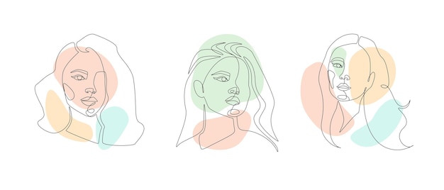 Ensemble De Femmes Fait Face à Un Dessin En Ligne Continu Portrait Féminin Abstrait Minimaliste Dans Un Style Linéaire Simple Pour Logo Imprime Tatouages Affiches Textiles Cartes Postales Doodle Vector Illustration