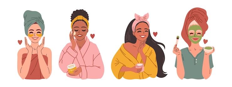 Vecteur ensemble de femmes hydratantes pour la peau ensemble de femmes appliquant des produits de soin nettoyants et hydratants pour le visage