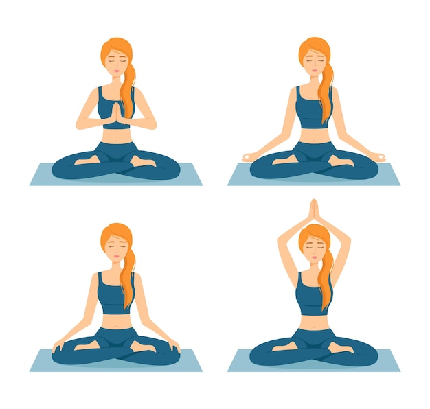 Vecteur ensemble de femmes en méditation. filles en position du lotus pratiquant le yoga, illustration vectorielle