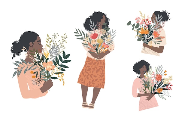 Vecteur un ensemble de femmes noires appréciant un bouquet de fleurs