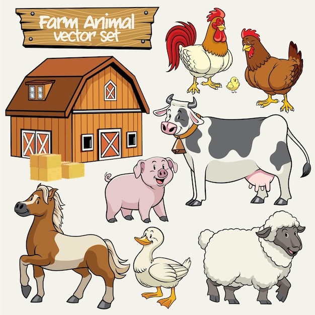 Vecteur ensemble de ferme style cartoon d'animaux d'élevage