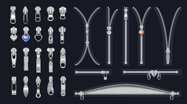 Ensemble De Fermetures à Glissière Et Curseurs En Métal Avec Pendentifsfermoirs Fermés Et Ouverts Pour Un Design De Couleur En Métal Argenté