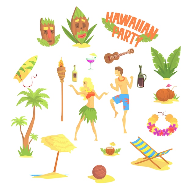Ensemble de fête hawaïenne, symboles d'Hawaï Illustrations