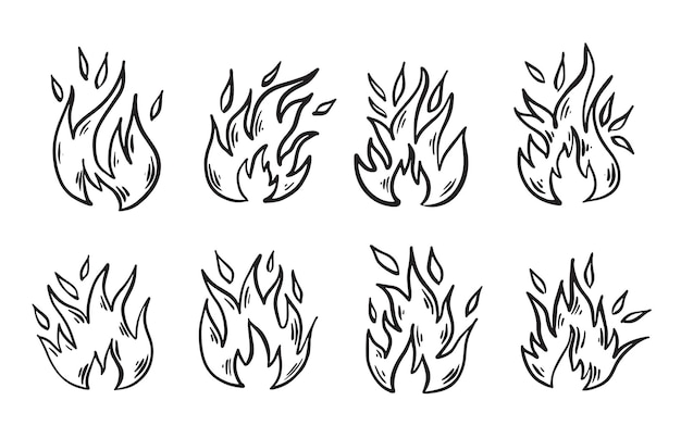 Ensemble de feu de joie, illustration dessinée à la main, flamme, brûlant.