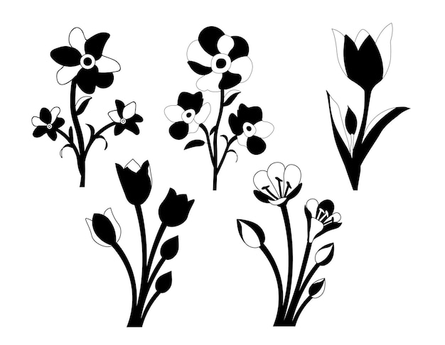 Ensemble De Feuilles Florales Et Silhouettes Isolées Vectorielles De Fleurs Isolées.