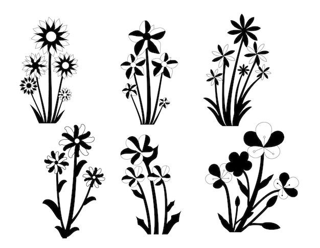 Ensemble de feuilles florales et silhouettes isolées vectorielles de fleurs isolées.