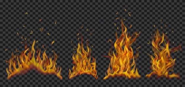 Ensemble de feux de camp brûlants translucides de flammes et d'étincelles sur fond transparent