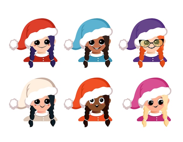 Ensemble De Fille D'avatars De Différentes Nationalités Avec De Grands Yeux Et Un Large Sourire Heureux En Tête De Bonnet De Noel...