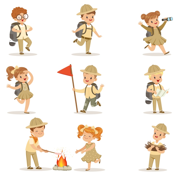 Vecteur ensemble de filles et de garçons en costumes de scout