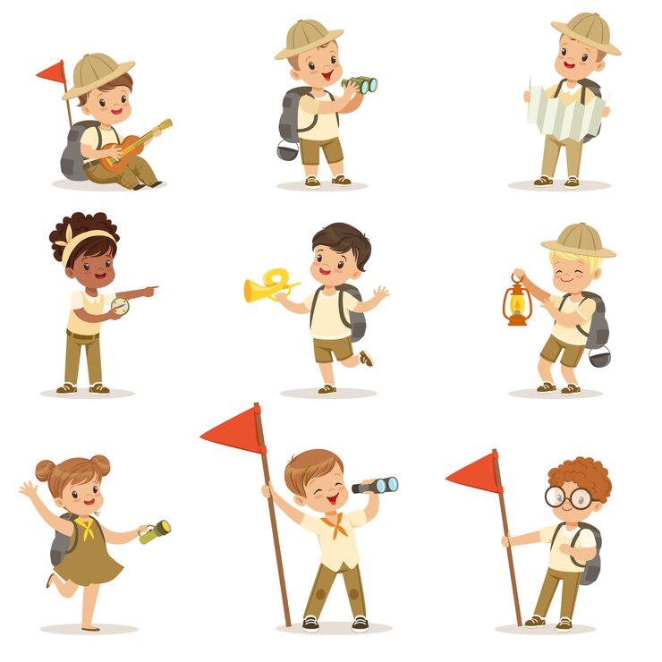 Vecteur ensemble de filles et de garçons en costumes de scout
