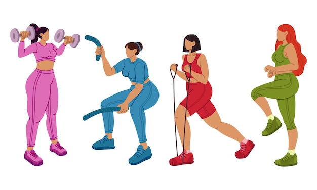 Ensemble de filles qui sont pleines de sports avec du matériel sportif Fille engagée dans le sport Exercices dynamiques