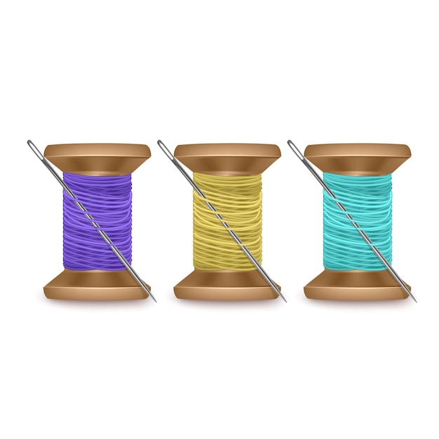 Ensemble de fils avec une aiguille de couleurs bleu, vert et jaune, ensemble de bobine de fil. Bobine en bois colorée. illustration