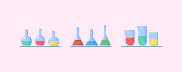 Ensemble de flacons. Laboratoire de biologie chimique des sciences et de la technologie. Flasques avec des liquides chimiques. Enseignement des sciences biologiques le virus de l'étude, molécule, atome, ADN via microscope, loupe, télescope.