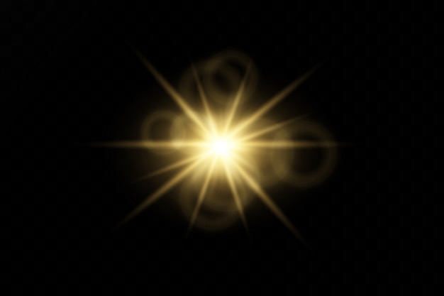 Ensemble de flashs, lumières et étincelles sur fond transparent. Des éclats et des reflets dorés brillants. Lumières dorées abstraites isolées Rayons lumineux de lumière