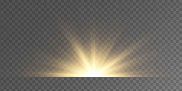 Ensemble de flashs, lumières et étincelles sur un fond transparent. L'or brillant clignote et éblouit. Lumières dorées abstraites