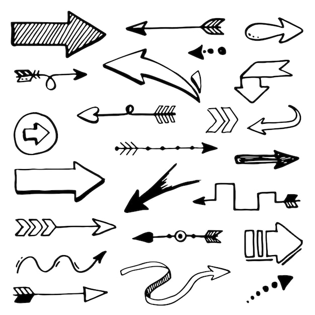 Ensemble de flèche décorative différente dessinée à la main. Illustration vectorielle de style croquis. Élément de flèche dessiné avec un pinceau-stylo. Vecteur isolé. Flèche de courbe de ligne Doodle pour infographie et icône d'entreprise.
