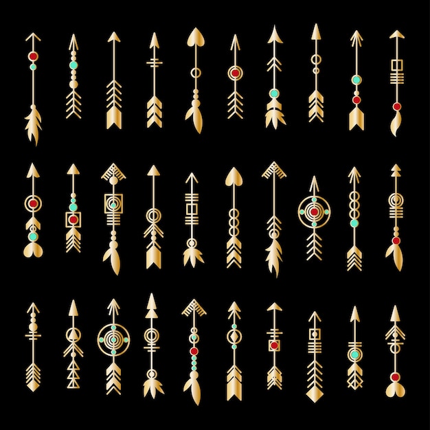 Ensemble de flèche d'or. Collection d'éléments tribaux. Collection de bijoux hipster à la mode géométrique. Éléments de conception vectorielle.