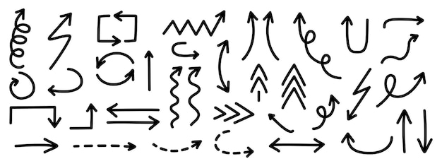 Ensemble de flèches dessinées à la main Collection de flèches dessinées à la main sur fond isolé Icônes de marque de flèche Illustration vectorielle EPS 10