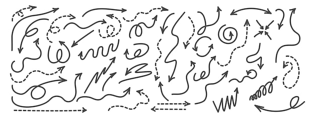 Un ensemble de flèches dessinées à la main courbes, tordues et droites avec des lignes solides et pointillées.
