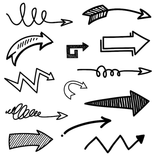 Vecteur ensemble de flèches dessinées à la main éléments de conception vectoriels doodle illustration sur fond blanc pour la conception de bannière et de concept infographique d'entreprise