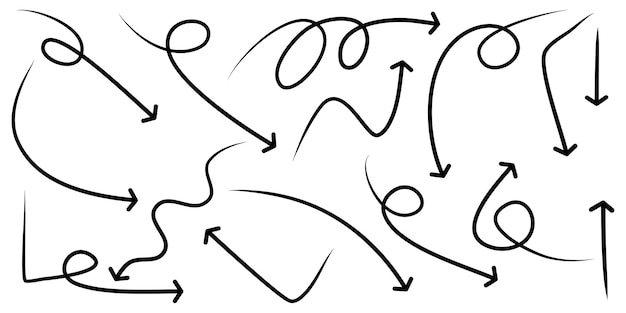 Vecteur ensemble de flèches dessinées à la main isolés sur fond blanc. pour l'infographie d'entreprise, la bannière, le web et la conception de concept. éléments de conception de griffonnage vectoriel.