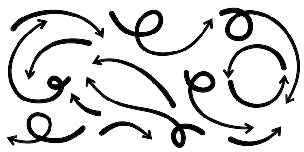Ensemble de flèches dessinées à la main isolés sur fond blanc. pour l'infographie d'entreprise, la bannière, le web et la conception de concept. Éléments de conception de griffonnage vectoriel.