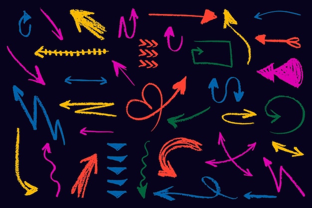 Un ensemble de flèches dessinées à la main avec des lignes courbes, des pointeurs ondulés isolés.