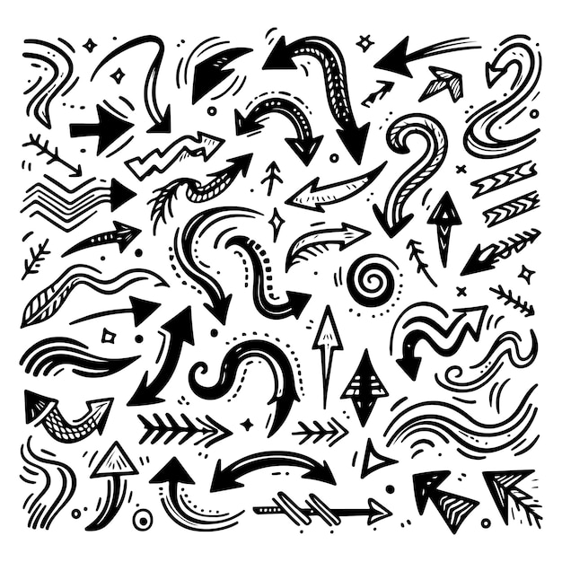 Un ensemble de flèches de ligne noires dessinées à la main isolées sur un fond blanc Illustration