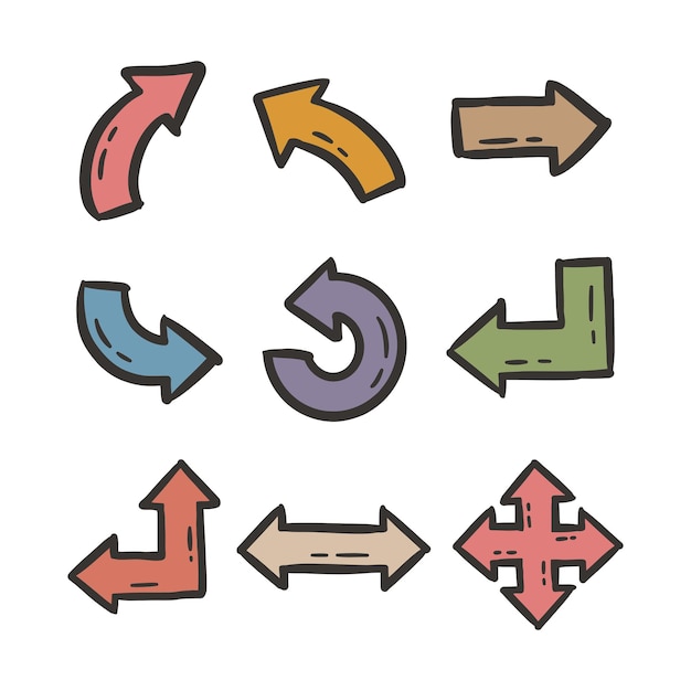 Ensemble de flèches tirées à la main pointant dans différentes directions pour la navigation et la conception