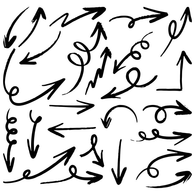 Ensemble de flèches vectorielles dessinées à la main griffonné sur fond blanc élément de conception illustration vectorielle