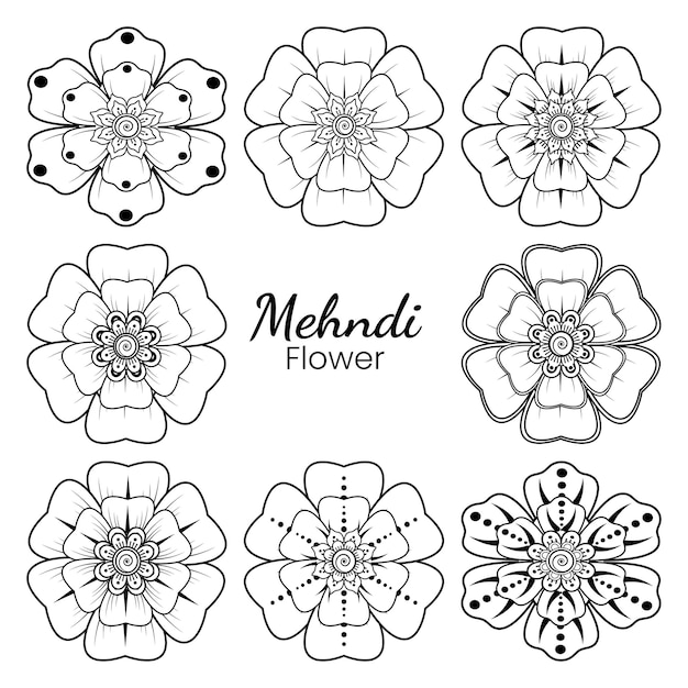 Ensemble De Fleur De Mehndi Dans Le Style Oriental Ethnique Doodle Main Dessiner Illustration Page De Livre De Coloriage