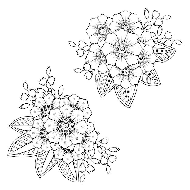 Ensemble De Fleur Mehndi. Ornement Décoratif Dans Un Style Oriental Ethnique. Ornement De Griffonnage. Illustration De Dessin De Main De Contour.