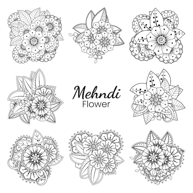 Ensemble de fleur de Mehndi en style oriental ethnique doodle ornement contour main dessiner illustration livre de coloriage page