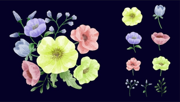 Un ensemble de fleurs peintes à l'aquarelle pour accompagner diverses cartes et cartes de vœux