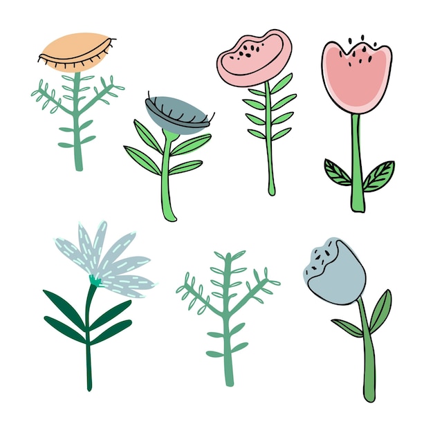 Vecteur un ensemble de fleurs peintes dans le style doodle