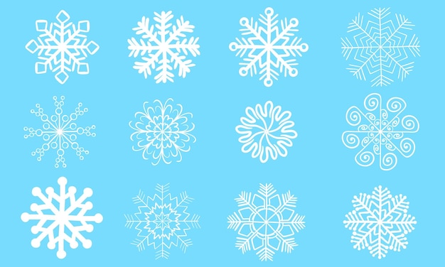 Ensemble De Flocons De Neige Blancs Isolés Sur Fond Bleu. Main Dessiner Illustration Vectorielle. Noël Hiver