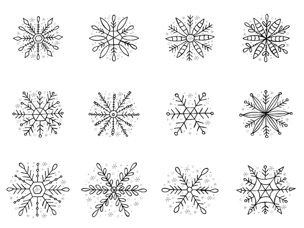 Un Ensemble De Flocons De Neige Dessinés à La Main Illustration Vectorielle Dans Le Style Doodle Ambiance D'hiver Bonjour 2023 Joyeux Noël Et Bonne Année éléments Noirs Sur Fond Blanc