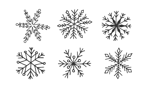 Vecteur ensemble de flocons de neige dessinés à la main isolés sur une silhouette de flocon de neige dessinée en ligne noire blanche