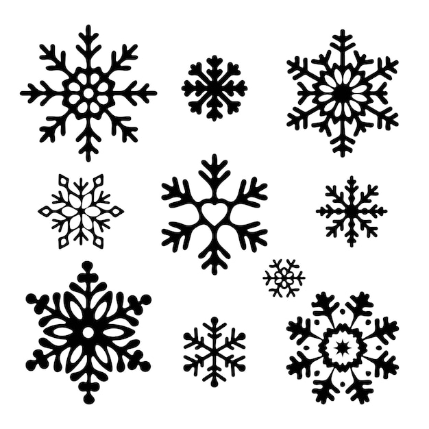 Ensemble de flocons de neige noirs sur fond blanc. Illustration vectorielle plane.