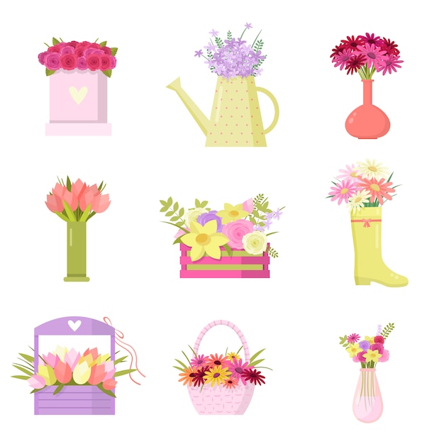 Ensemble floral de bouquets colorés dans différents vases sur blanc