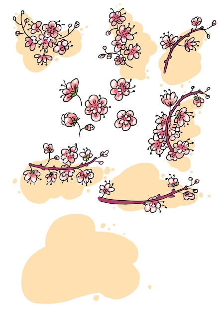 Vecteur un ensemble floral d'oiseaux japonais roses sakura vecteur