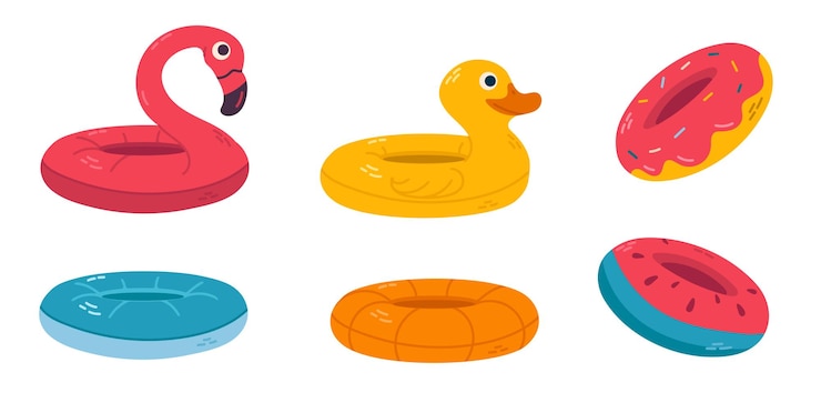 Vecteur un ensemble de flotteurs de piscine gonflables, de beignets de canards flamants et d'anneaux de natation vibrants isolés sur blanc