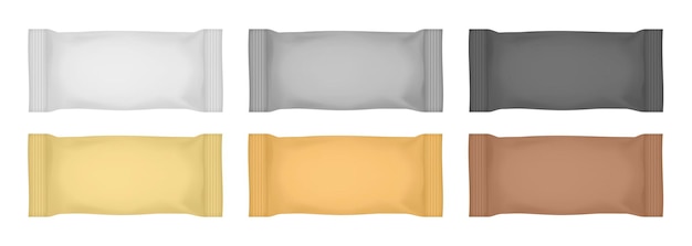 Vecteur ensemble de flow packs blanc argent or brun emballage pour tablette de chocolat ou crème glacée sachet en feuille d'argent pochette