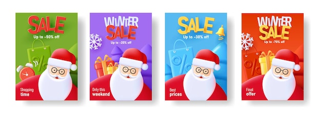 Ensemble De Flyers De Vente De Noël Avec Des éléments 3d Du Père Noël Et De Noël Avec Une Grande Typographie Isolée