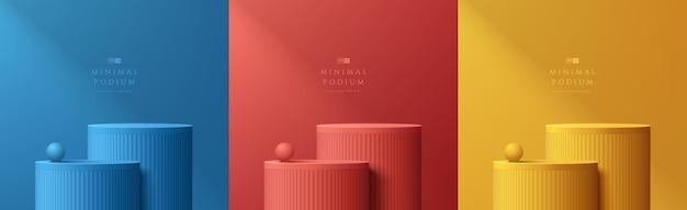 Ensemble de fond abstrait vectoriel 3D Podium de stand de cylindre d'étapes rouges et jaunes bleu foncé réaliste