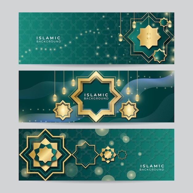 Ensemble De Fond De Bannière De Modèle De Luxe Islamique Ramadan Kareem Abstrait Or Vert