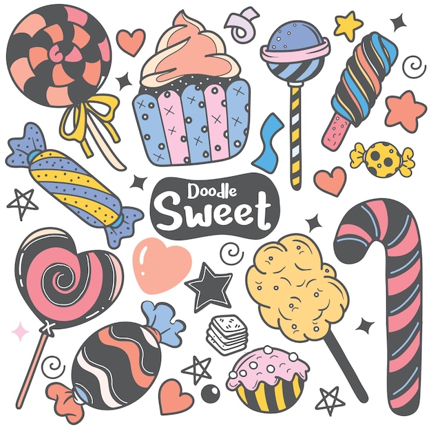 Ensemble De Fond De Bonbons Bonbons Drôles Fond Dessiné à La Main Avec Des Fournitures De Bonbons Bonbons Et Des éléments Créatifs Illustration Vectorielle