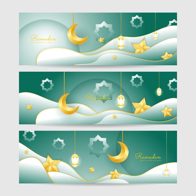 Ensemble de fond de conception de bannière large coloré vert blanc Ramadhan