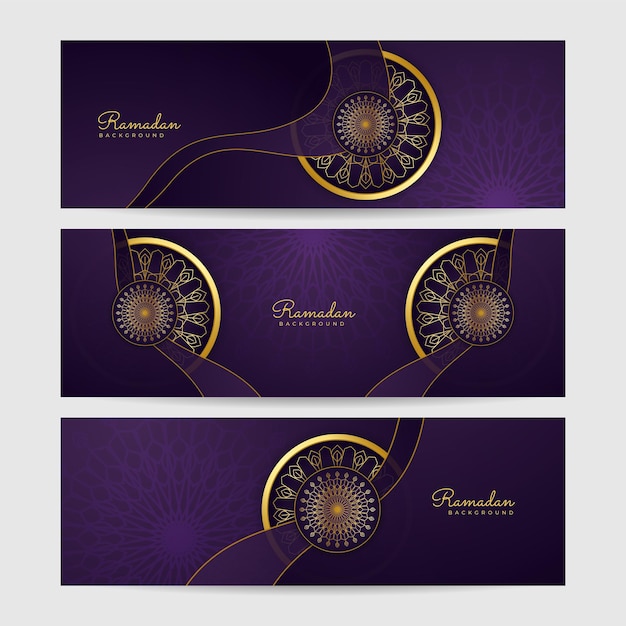 Ensemble de fond de conception de bannière large coloré violet Ramadan