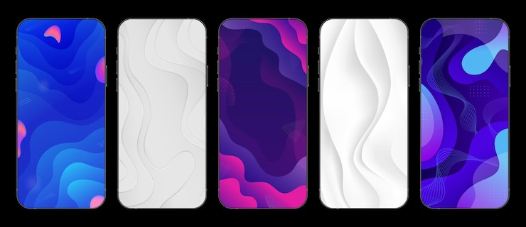 Vecteur ensemble de fond liquide dégradé pour les histoires dans les médias sociaux. modèle réaliste blanc, bleu, violet sur smartphone. illustration vectorielle
